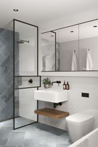 Baie cu dus paravan rame negre si baterii robineti negru