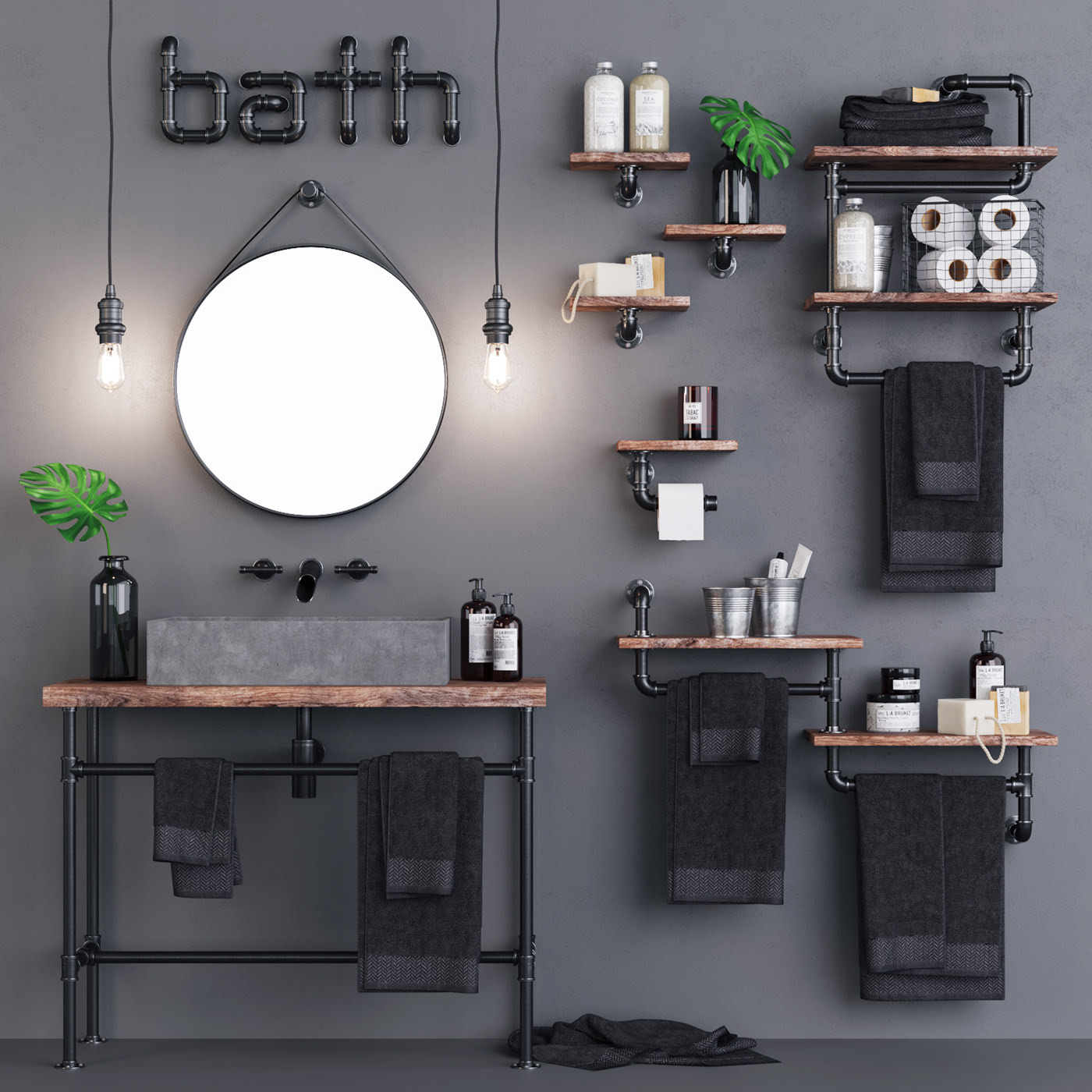 Baie design industrial loft gri lavoar ciment tevi negre