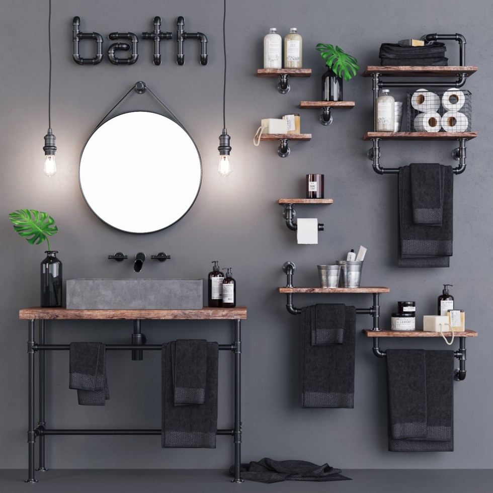 Baie design industrial loft gri lavoar ciment tevi negre